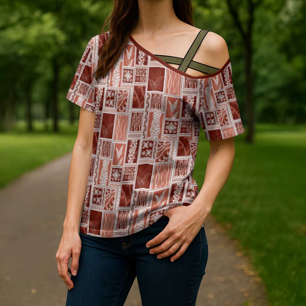 Vintage Aloha Block Quilt Cross Shoulder Shirt Red Inspired Lei Motifs - Polynesian Pride