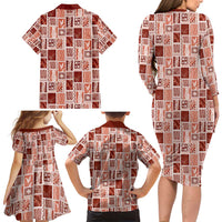 Vintage Aloha Block Quilt Family Matching Long Sleeve Bodycon Dress and Hawaiian Shirt Red Inspired Lei Motifs - Polynesian Pride