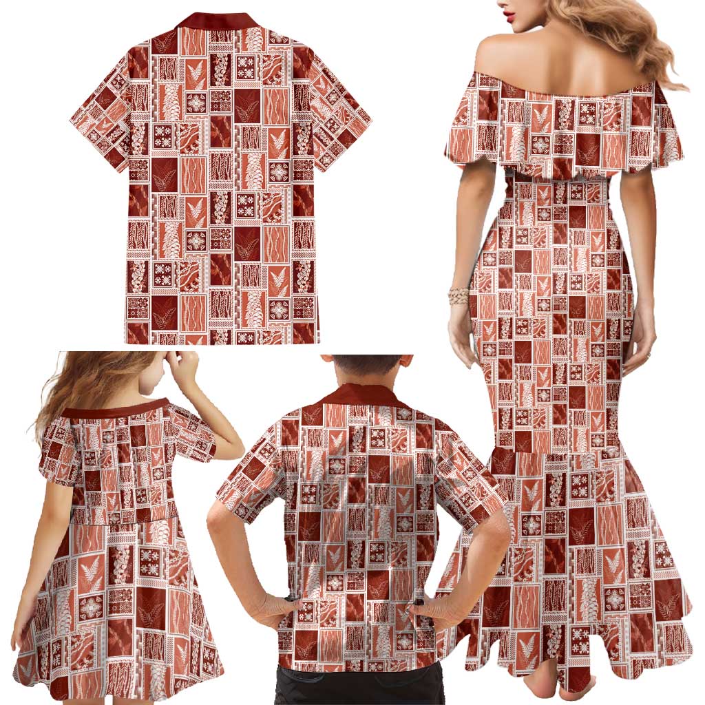 Vintage Aloha Block Quilt Family Matching Mermaid Dress and Hawaiian Shirt Red Inspired Lei Motifs - Polynesian Pride