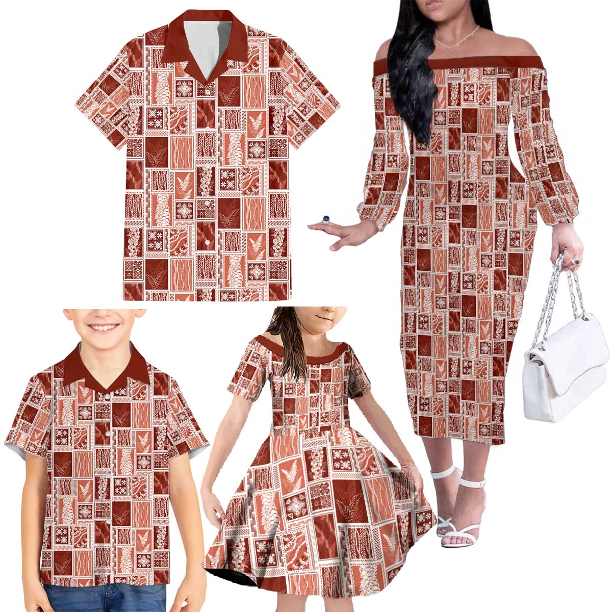 Vintage Aloha Block Quilt Family Matching Off The Shoulder Long Sleeve Dress and Hawaiian Shirt Red Inspired Lei Motifs - Polynesian Pride