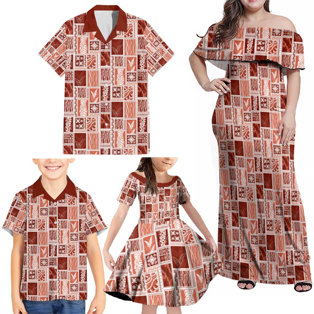 Vintage Aloha Block Quilt Family Matching Off Shoulder Maxi Dress and Hawaiian Shirt Red Inspired Lei Motifs - Polynesian Pride