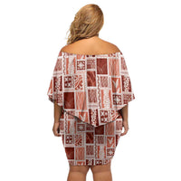 Vintage Aloha Block Quilt Family Matching Off Shoulder Short Dress and Hawaiian Shirt Red Inspired Lei Motifs - Polynesian Pride