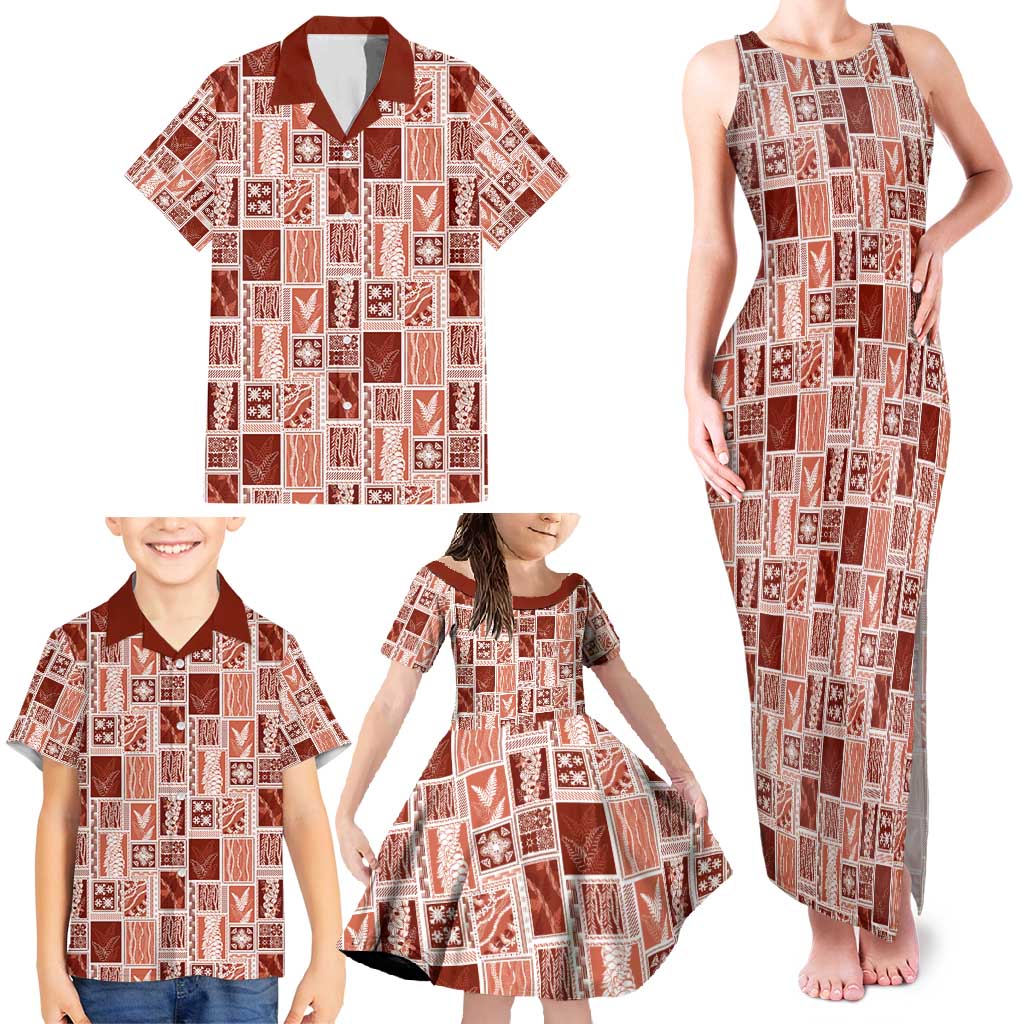 Vintage Aloha Block Quilt Family Matching Tank Maxi Dress and Hawaiian Shirt Red Inspired Lei Motifs - Polynesian Pride