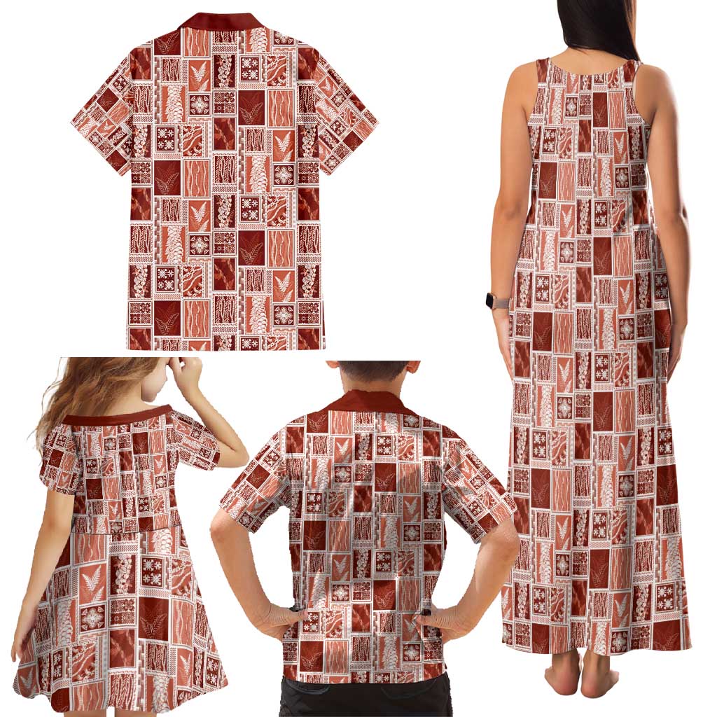 Vintage Aloha Block Quilt Family Matching Tank Maxi Dress and Hawaiian Shirt Red Inspired Lei Motifs - Polynesian Pride