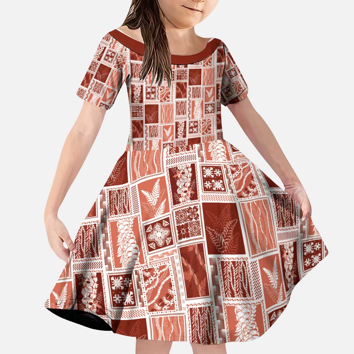 Vintage Aloha Block Quilt Kid Short Sleeve Dress Red Inspired Lei Motifs - Polynesian Pride