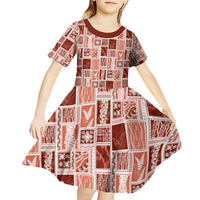 Vintage Aloha Block Quilt Kid Short Sleeve Dress Red Inspired Lei Motifs - Polynesian Pride