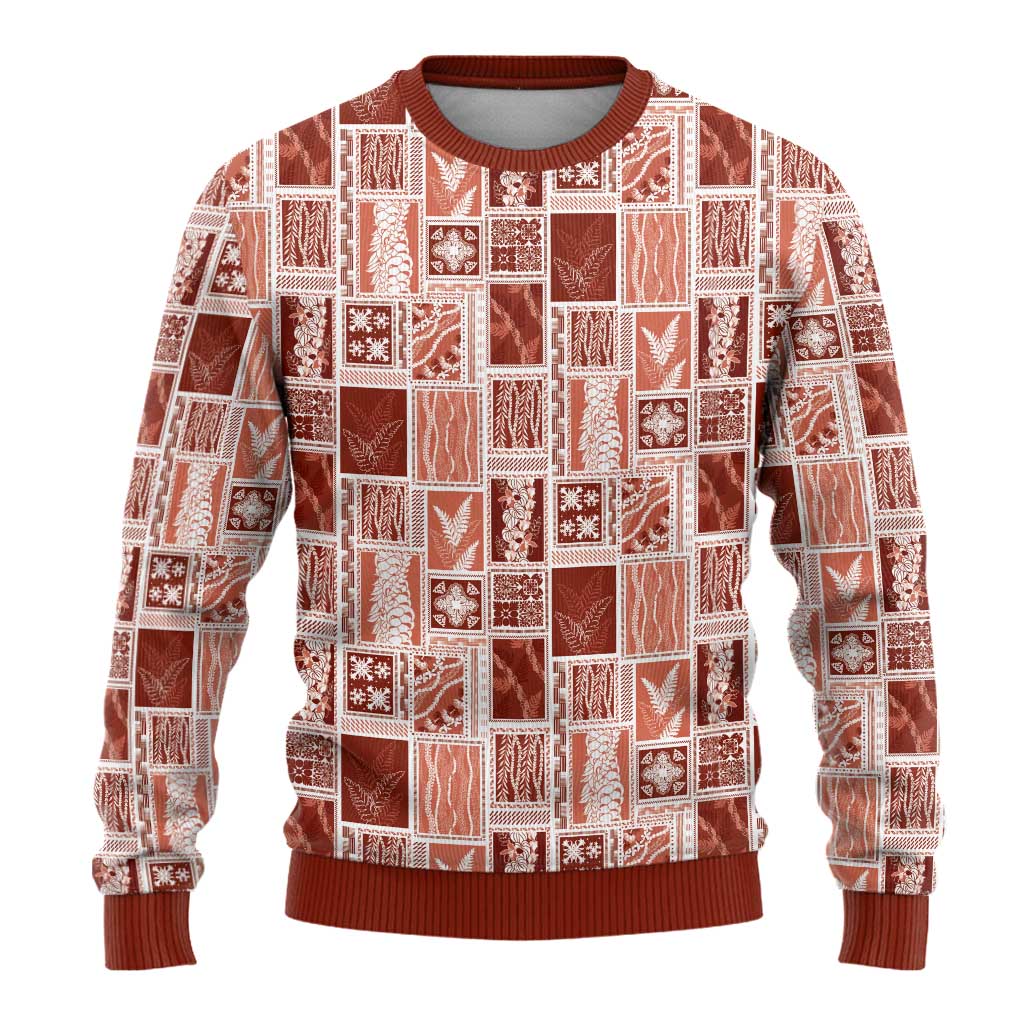 Vintage Aloha Block Quilt Ugly Christmas Sweater Red Inspired Lei Motifs - Polynesian Pride