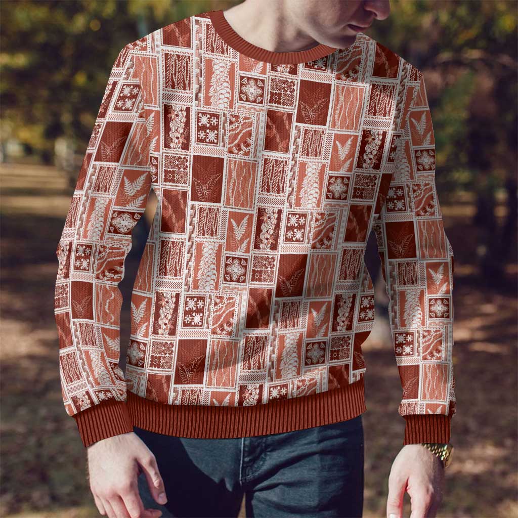 Vintage Aloha Block Quilt Ugly Christmas Sweater Red Inspired Lei Motifs - Polynesian Pride