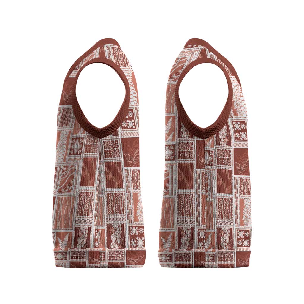 Vintage Aloha Block Quilt Christmas Knitted V-Neck Vest Red Inspired Lei Motifs - Polynesian Pride