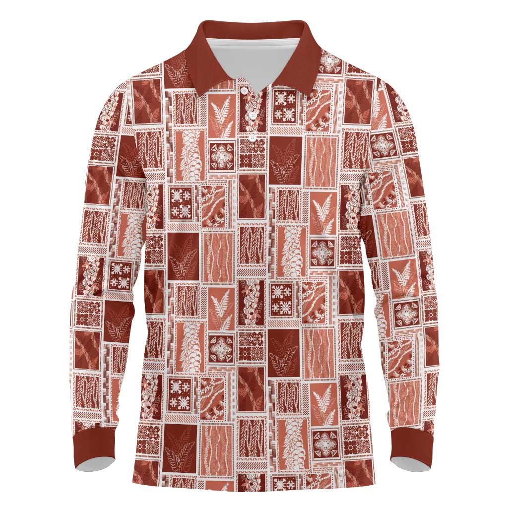 Vintage Aloha Block Quilt Long Sleeve Polo Shirt Red Inspired Lei Motifs - Polynesian Pride
