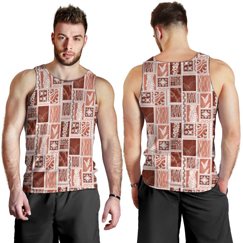 Vintage Aloha Block Quilt Men Tank Top Red Inspired Lei Motifs - Polynesian Pride