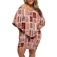 Vintage Aloha Block Quilt Off Shoulder Short Dress Red Inspired Lei Motifs - Polynesian Pride