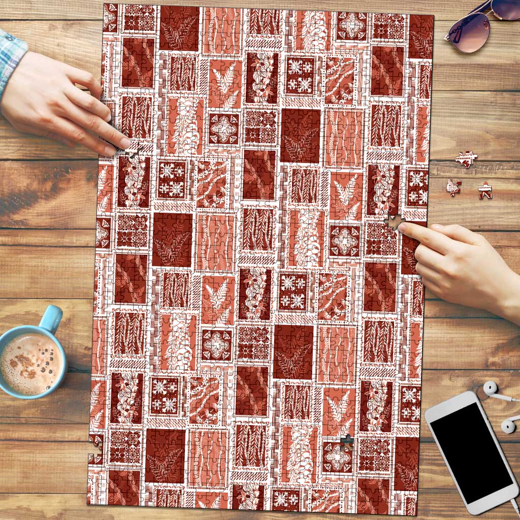 Vintage Aloha Block Quilt Puzzle Red Inspired Lei Motifs - Polynesian Pride