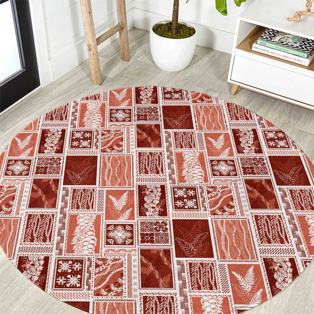 Vintage Aloha Block Quilt Round Carpet Red Inspired Lei Motifs - Polynesian Pride