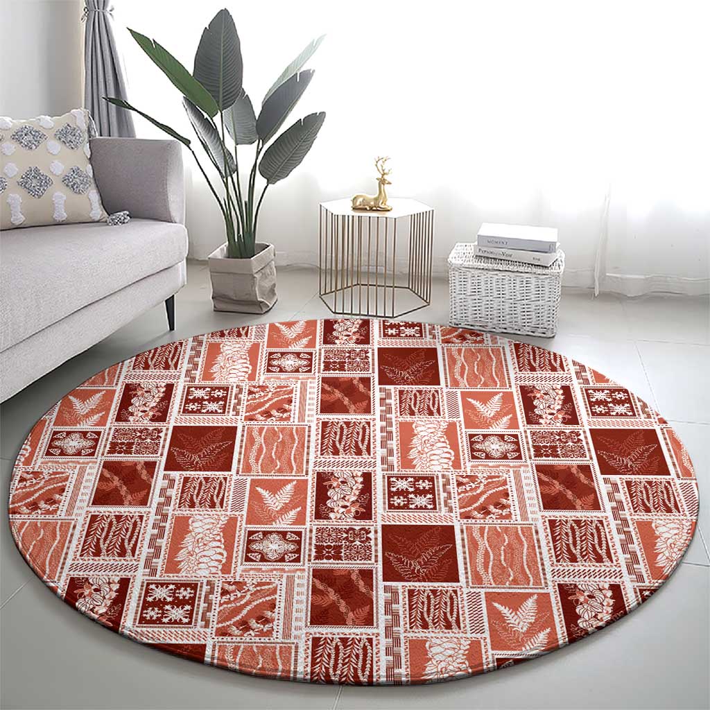Vintage Aloha Block Quilt Round Carpet Red Inspired Lei Motifs - Polynesian Pride