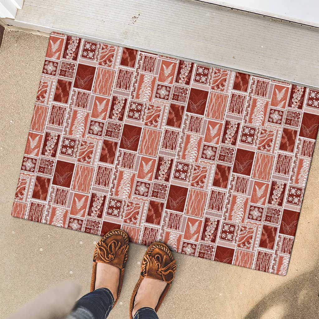 Vintage Aloha Block Quilt Rubber Doormat Red Inspired Lei Motifs - Polynesian Pride