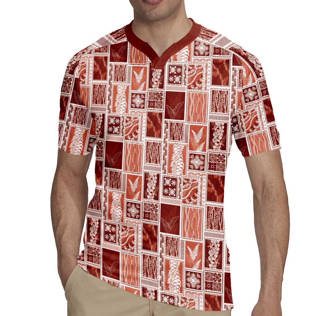 Vintage Aloha Block Quilt Rugby Jersey Red Inspired Lei Motifs - Polynesian Pride