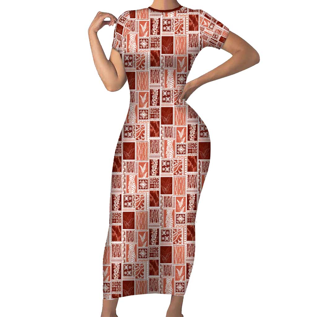 Vintage Aloha Block Quilt Short Sleeve Bodycon Dress Red Inspired Lei Motifs - Polynesian Pride