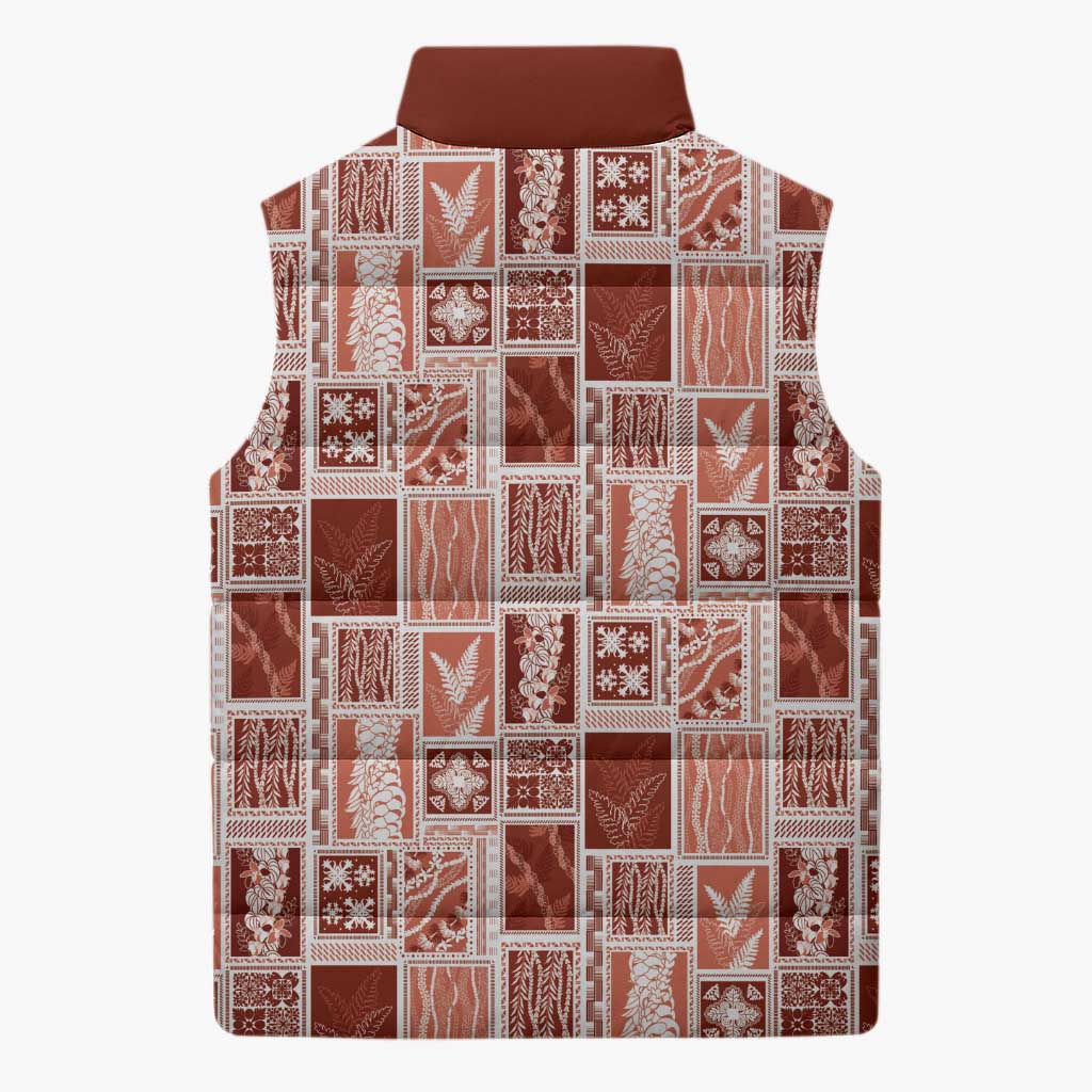 Vintage Aloha Block Quilt Sleeveless Puffer Jacket Red Inspired Lei Motifs - Polynesian Pride