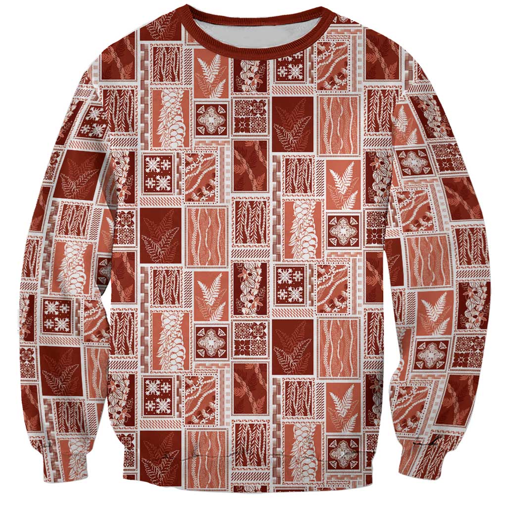 Vintage Aloha Block Quilt Sweatshirt Red Inspired Lei Motifs - Polynesian Pride