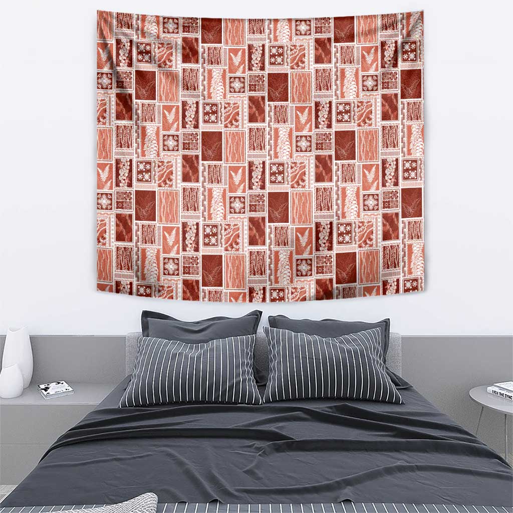 Vintage Aloha Block Quilt Tapestry Red Inspired Lei Motifs - Polynesian Pride