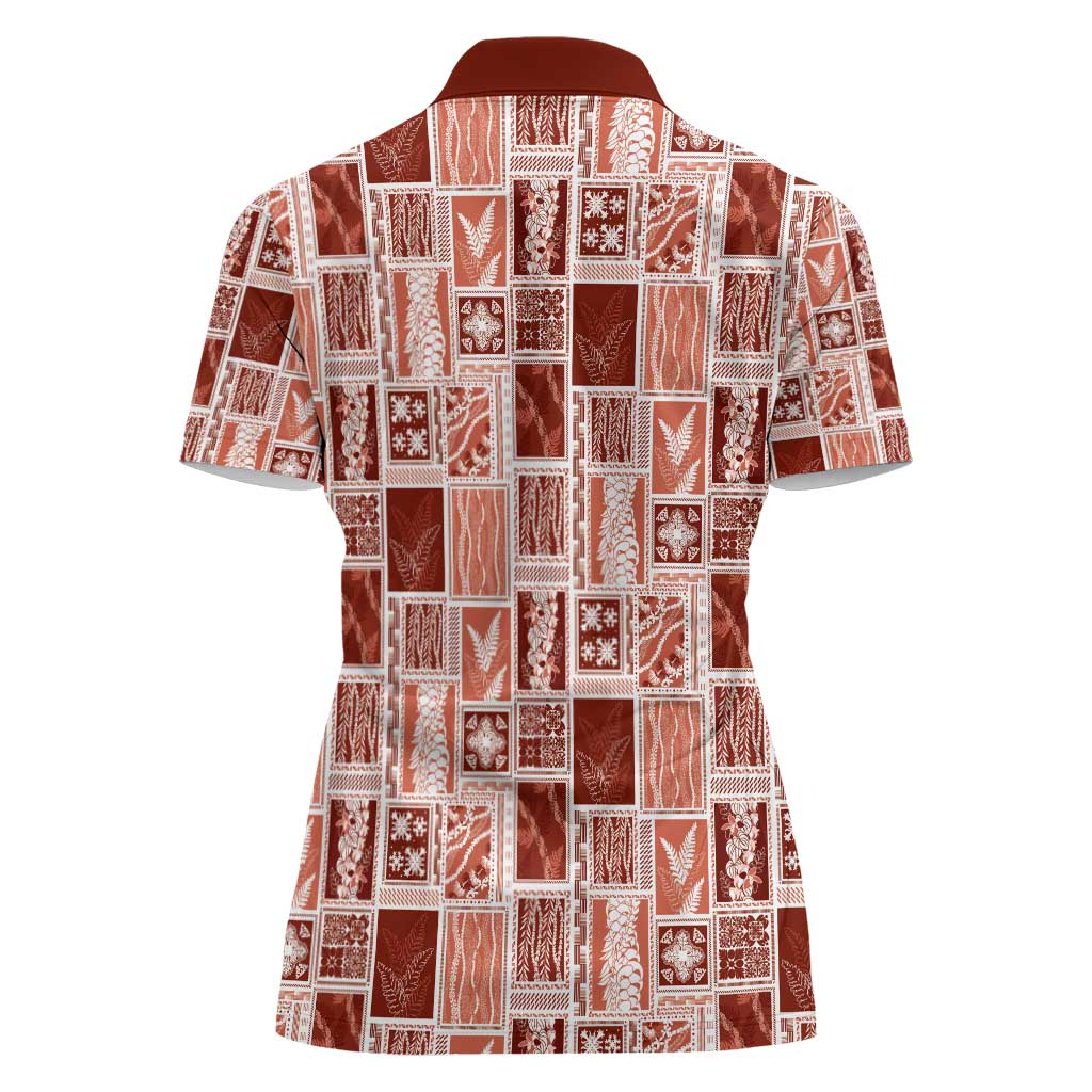 Vintage Aloha Block Quilt Women Polo Shirt Red Inspired Lei Motifs - Polynesian Pride