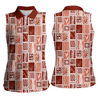 Vintage Aloha Block Quilt Women Sleeveless Polo Shirt Red Inspired Lei Motifs - Polynesian Pride