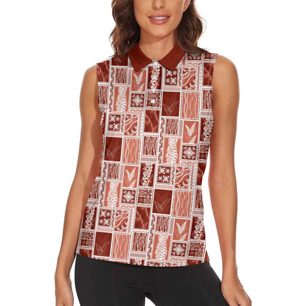 Vintage Aloha Block Quilt Women Sleeveless Polo Shirt Red Inspired Lei Motifs - Polynesian Pride