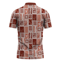 Vintage Aloha Block Quilt Zipper Polo Shirt Red Inspired Lei Motifs - Polynesian Pride