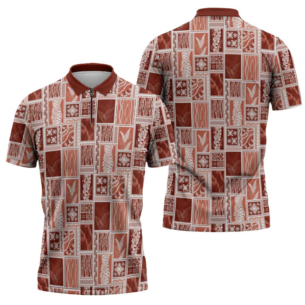 Vintage Aloha Block Quilt Zipper Polo Shirt Red Inspired Lei Motifs - Polynesian Pride