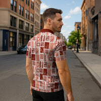 Vintage Aloha Block Quilt Zipper Polo Shirt Red Inspired Lei Motifs - Polynesian Pride