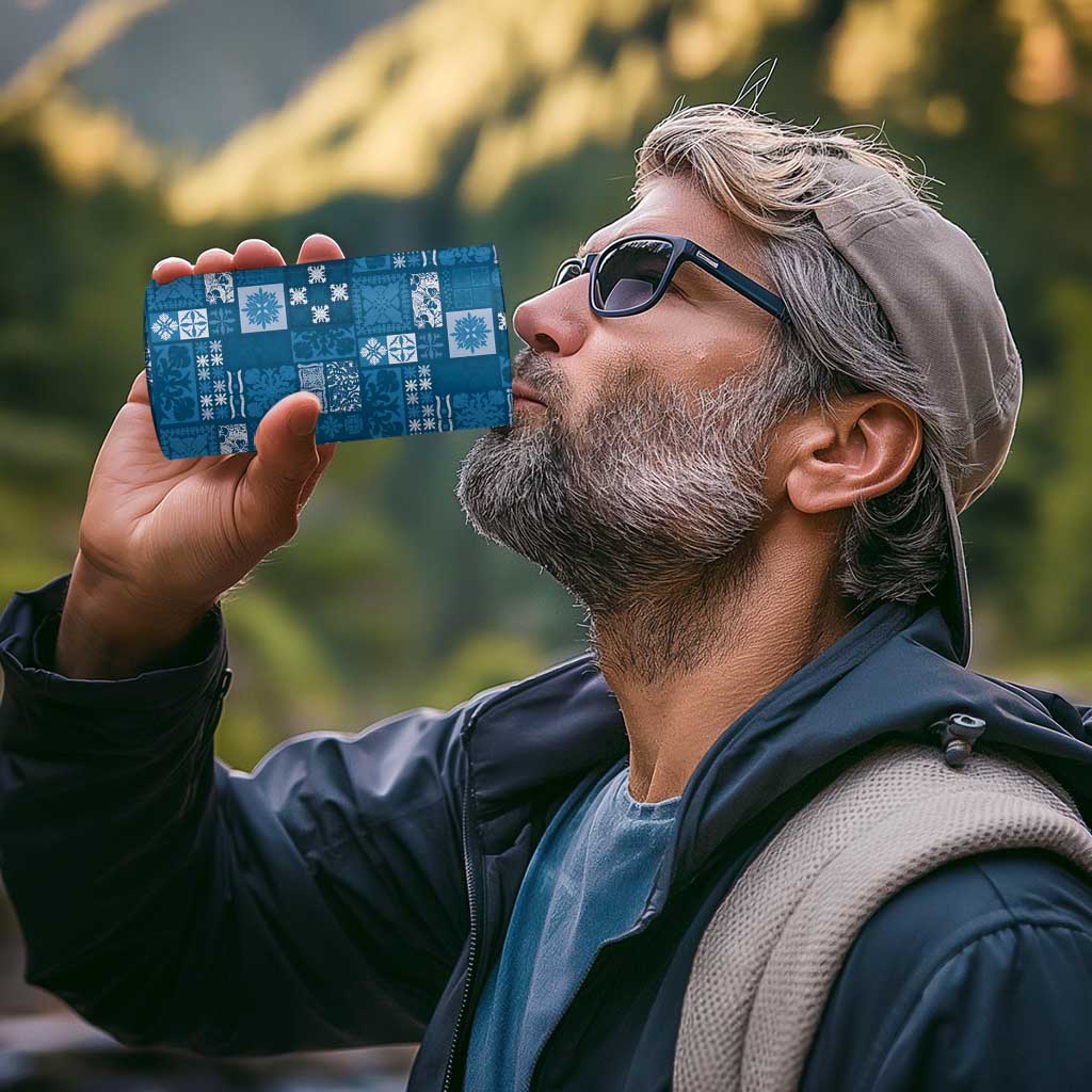 Vintage Hawaiian Quilting Patterns 4 in 1 Can Cooler Tumbler Blue Style Tribal Fabric Patchwork - Polynesian Pride