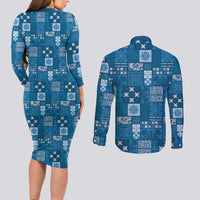 Vintage Hawaiian Quilting Patterns Couples Matching Long Sleeve Bodycon Dress and Long Sleeve Button Shirt Blue Style Tribal Fabric Patchwork - Polynesian Pride