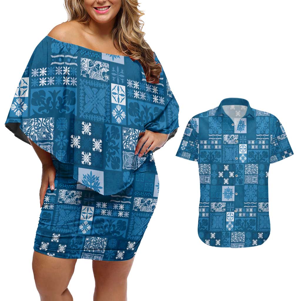 Vintage Hawaiian Quilting Patterns Couples Matching Off Shoulder Short Dress and Hawaiian Shirt Blue Style Tribal Fabric Patchwork - Polynesian Pride