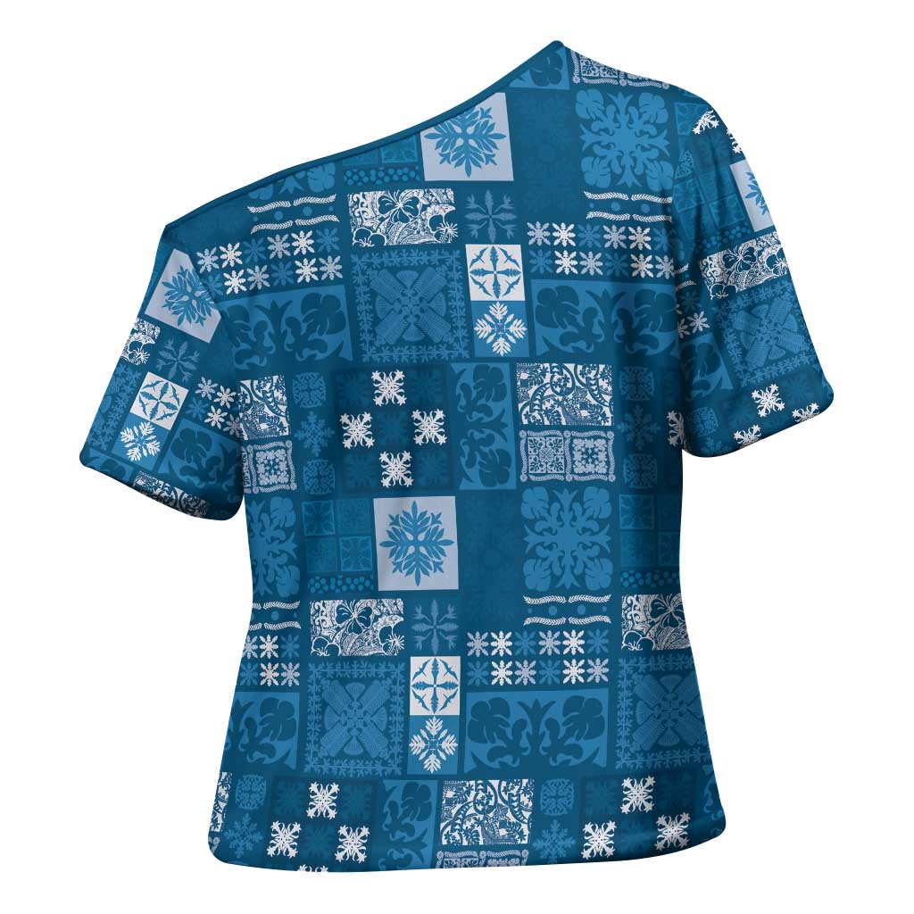 Vintage Hawaiian Quilting Patterns Cross Shoulder Shirt Blue Style Tribal Fabric Patchwork - Polynesian Pride
