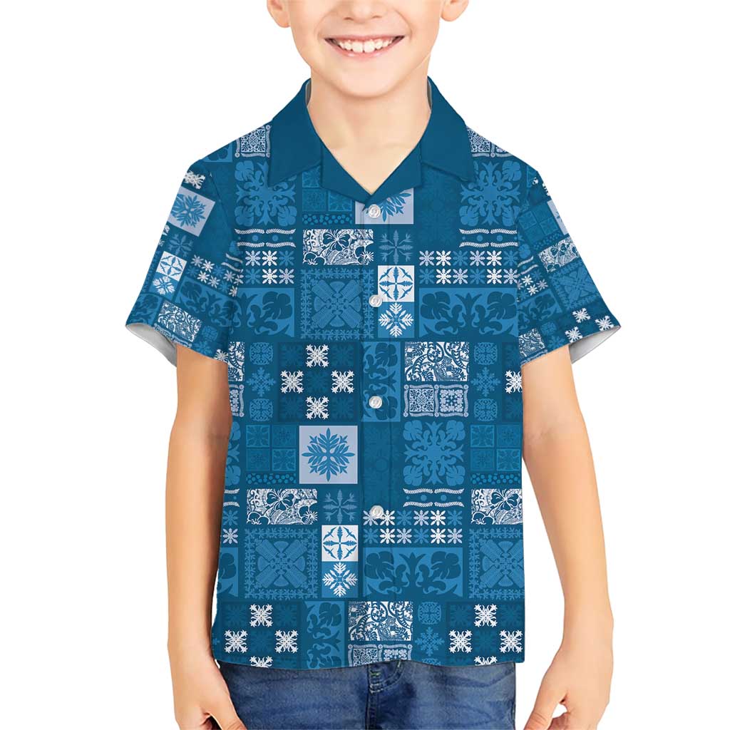 Vintage Hawaiian Quilting Patterns Family Matching Short Sleeve Bodycon Dress and Hawaiian Shirt Blue Style Tribal Fabric Patchwork - Polynesian Pride