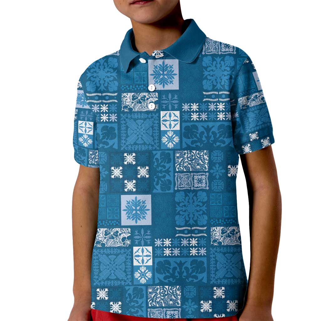 Vintage Hawaiian Quilting Patterns Kid Polo Shirt Blue Style Tribal Fabric Patchwork - Polynesian Pride