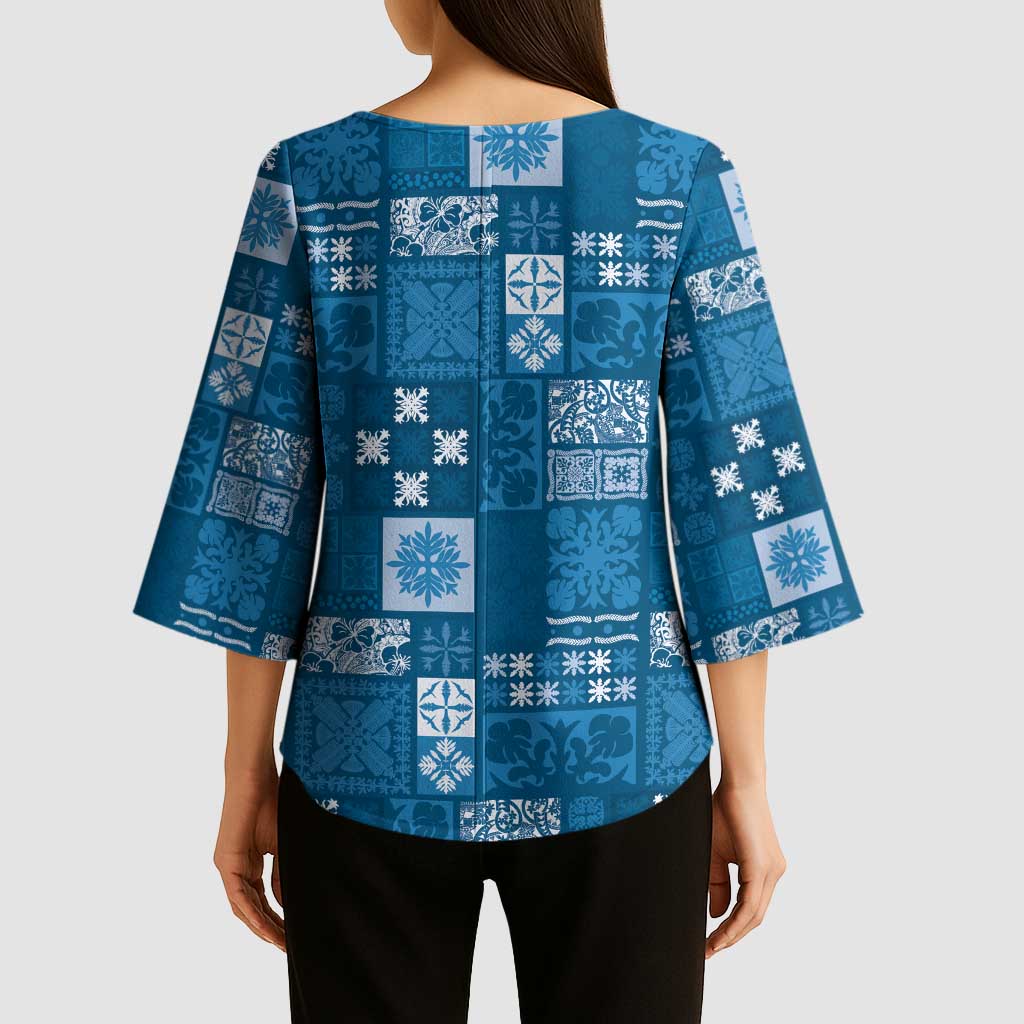 Vintage Hawaiian Quilting Patterns Kimono Sleeve Blouse Blue Style Tribal Fabric Patchwork - Polynesian Pride