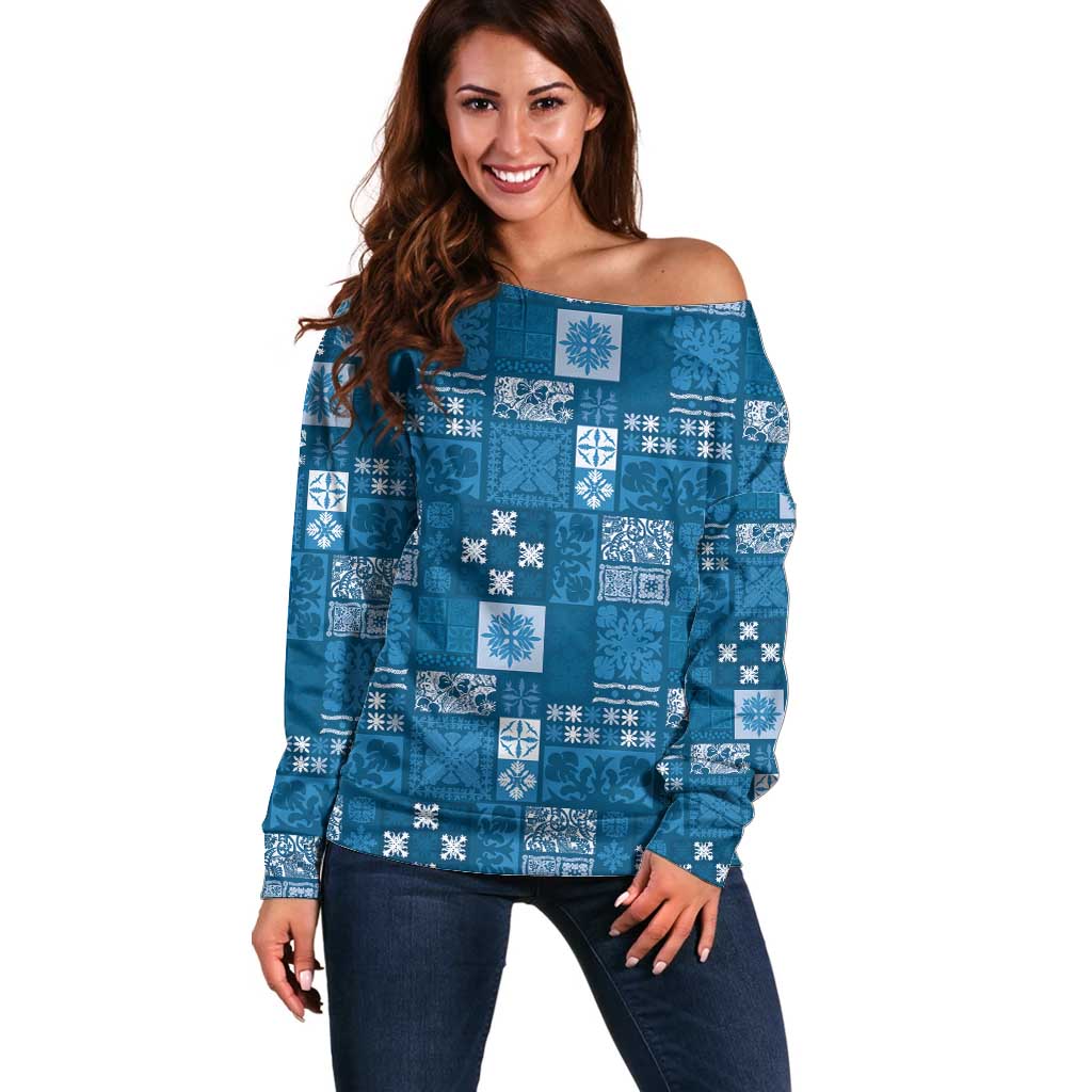 Vintage Hawaiian Quilting Patterns Off Shoulder Sweater Blue Style Tribal Fabric Patchwork - Polynesian Pride