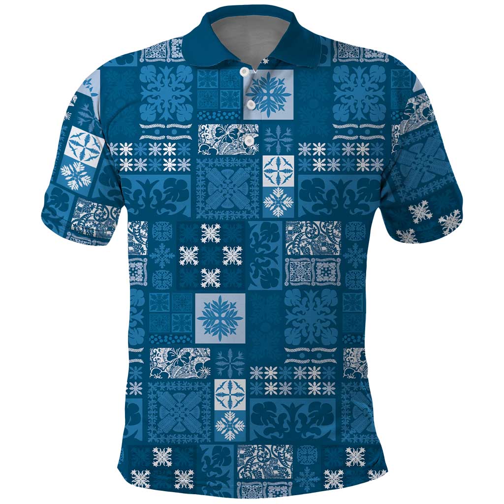 Vintage Hawaiian Quilting Patterns Polo Shirt Blue Style Tribal Fabric Patchwork - Polynesian Pride