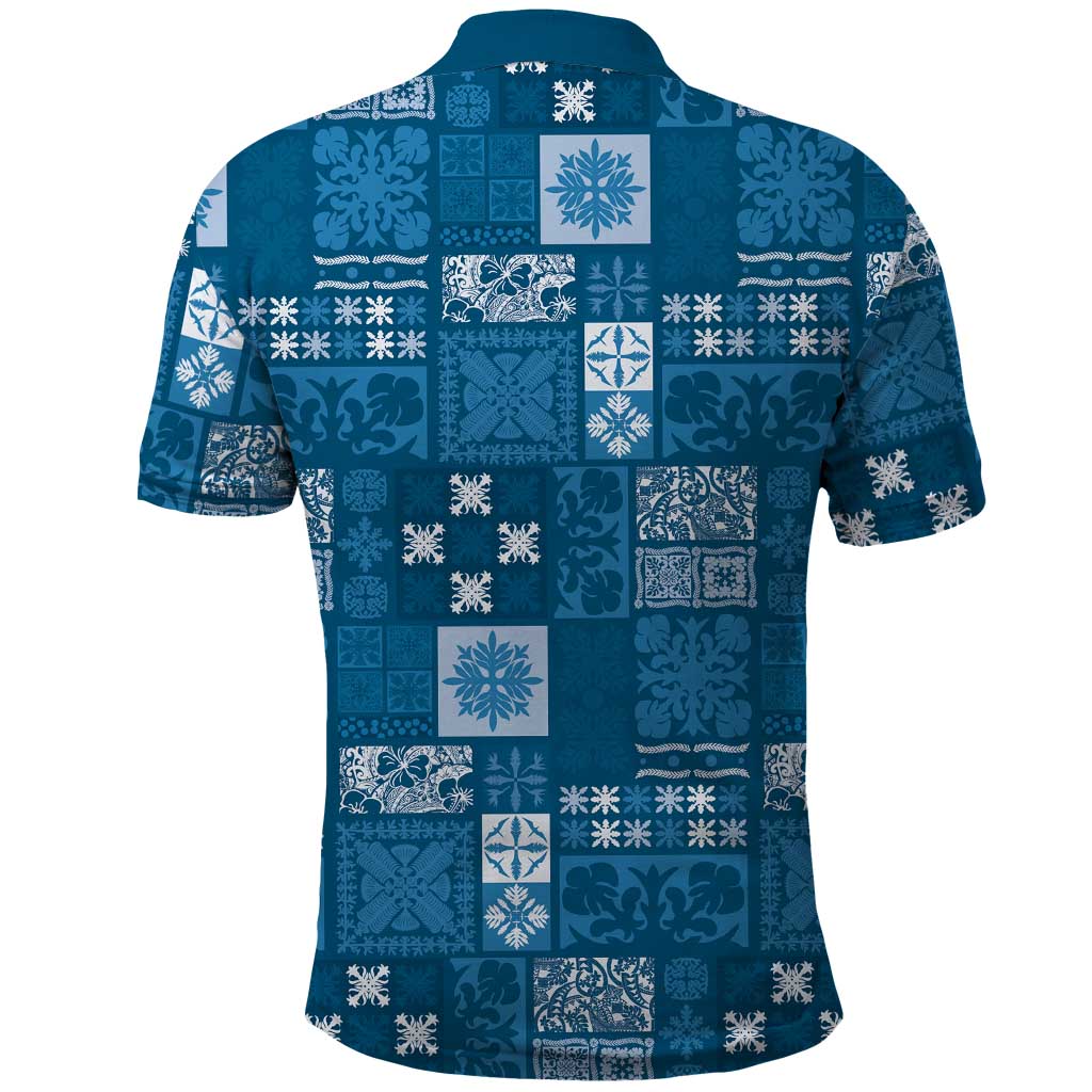 Vintage Hawaiian Quilting Patterns Polo Shirt Blue Style Tribal Fabric Patchwork - Polynesian Pride
