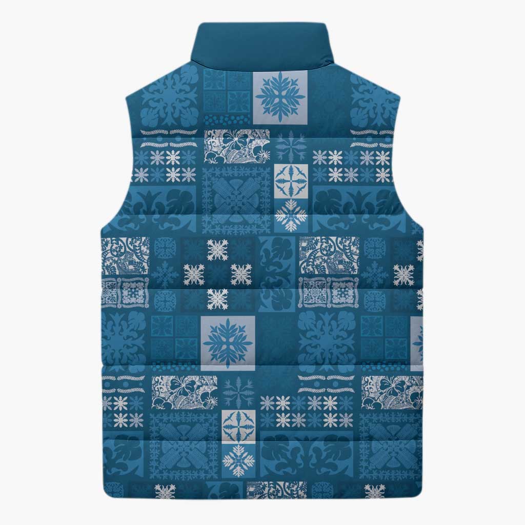 Vintage Hawaiian Quilting Patterns Sleeveless Puffer Jacket Blue Style Tribal Fabric Patchwork - Polynesian Pride