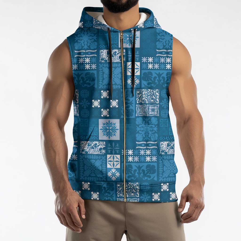 Vintage Hawaiian Quilting Patterns Sleeveless Zip Hoodie Blue Style Tribal Fabric Patchwork - Polynesian Pride
