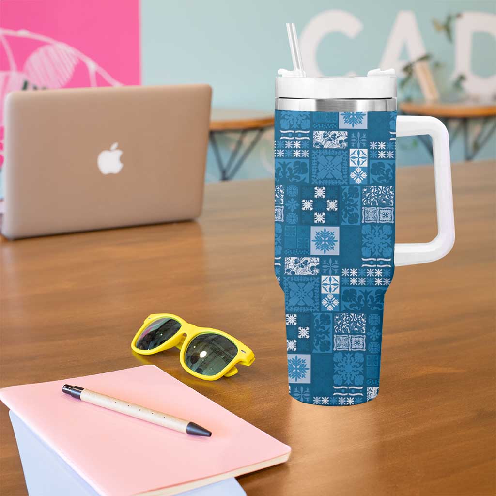 Vintage Hawaiian Quilting Patterns Tumbler With Handle Blue Style Tribal Fabric Patchwork - Polynesian Pride