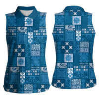 Vintage Hawaiian Quilting Patterns Women Sleeveless Polo Shirt Blue Style Tribal Fabric Patchwork - Polynesian Pride