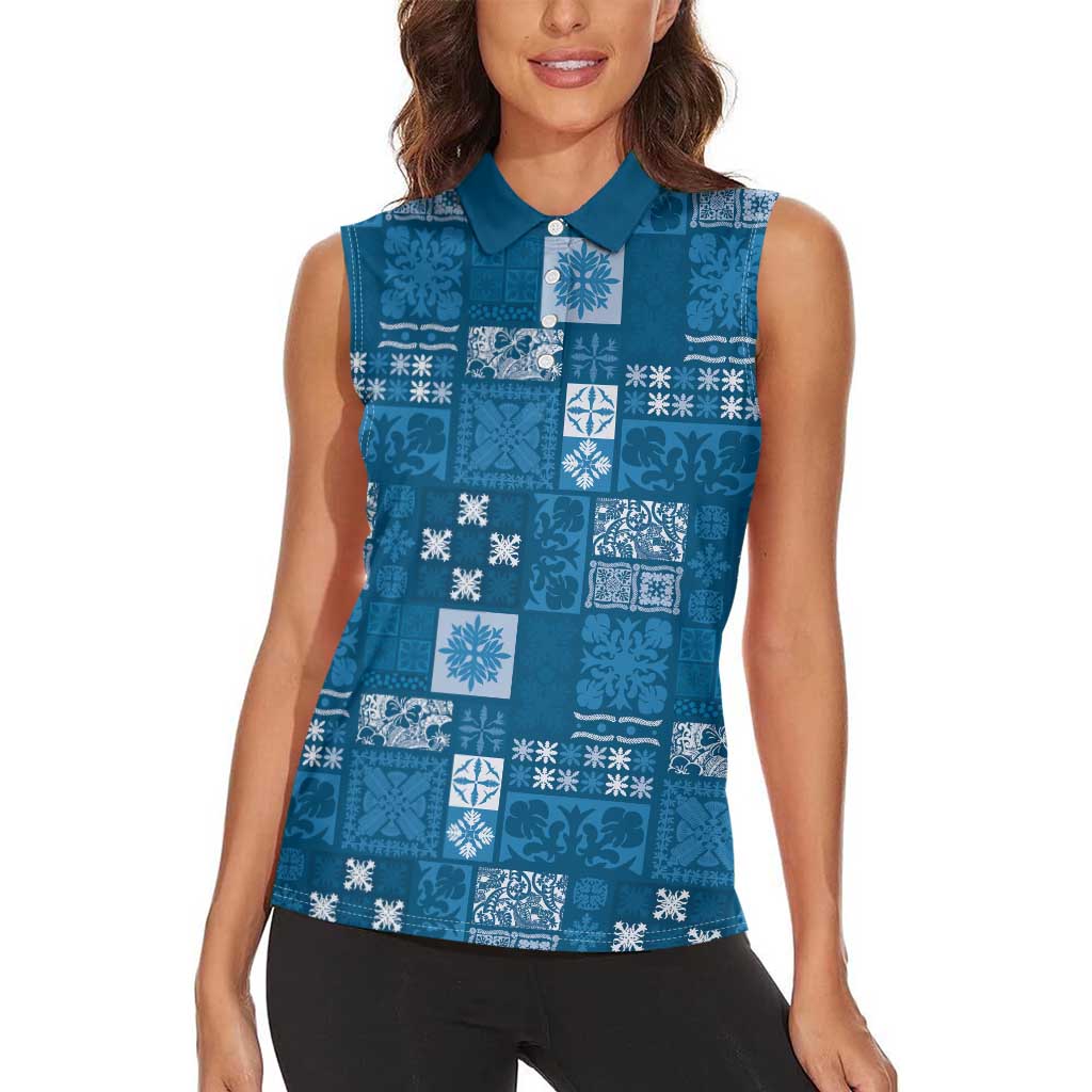 Vintage Hawaiian Quilting Patterns Women Sleeveless Polo Shirt Blue Style Tribal Fabric Patchwork - Polynesian Pride