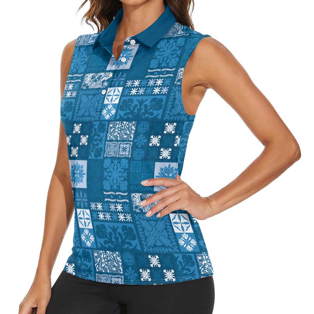 Vintage Hawaiian Quilting Patterns Women Sleeveless Polo Shirt Blue Style Tribal Fabric Patchwork - Polynesian Pride