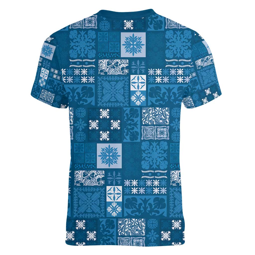 Vintage Hawaiian Quilting Patterns Women V-Neck T-Shirt Blue Style Tribal Fabric Patchwork - Polynesian Pride