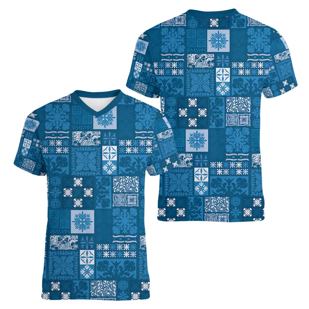 Vintage Hawaiian Quilting Patterns Women V-Neck T-Shirt Blue Style Tribal Fabric Patchwork - Polynesian Pride