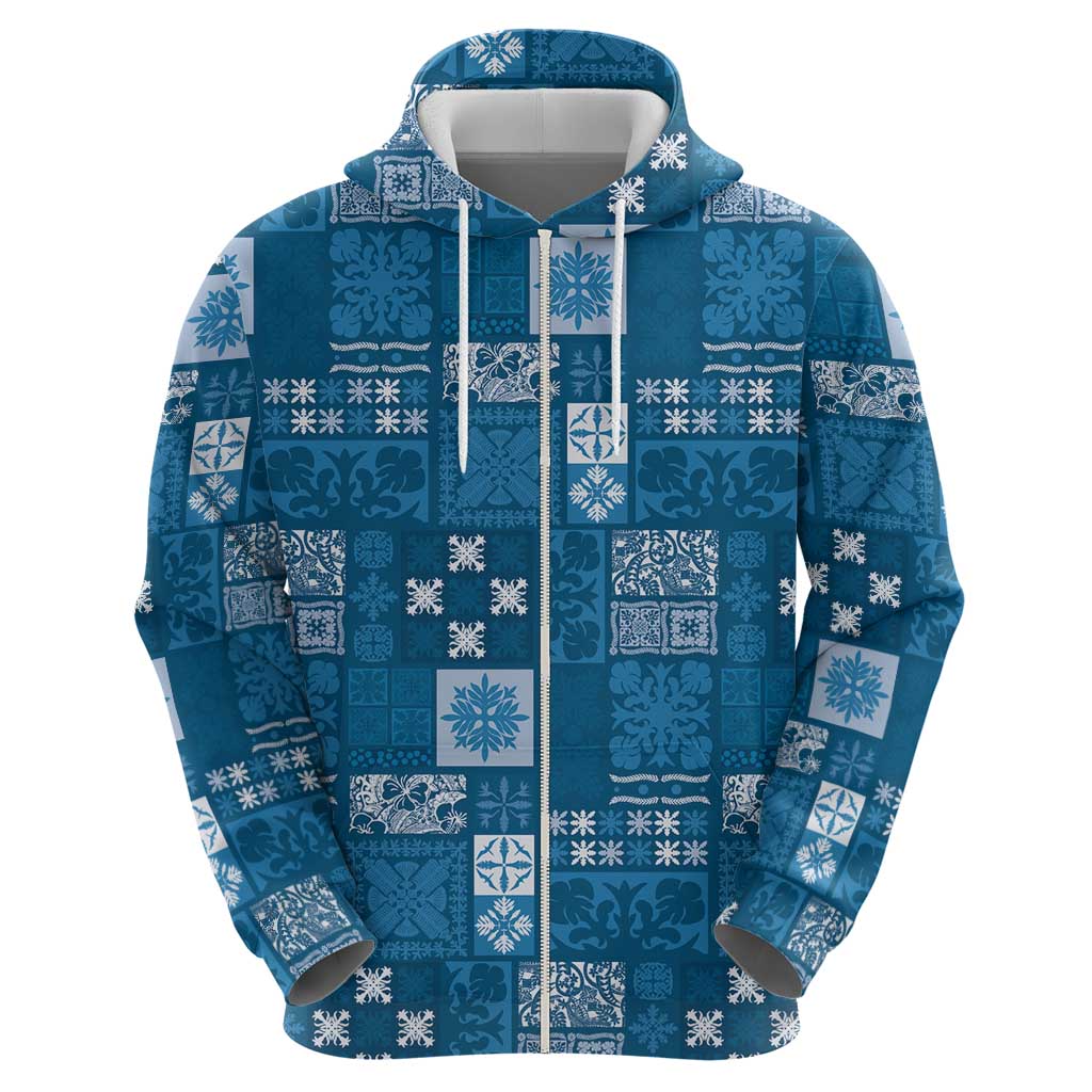 Vintage Hawaiian Quilting Patterns Zip Hoodie Blue Style Tribal Fabric Patchwork - Polynesian Pride